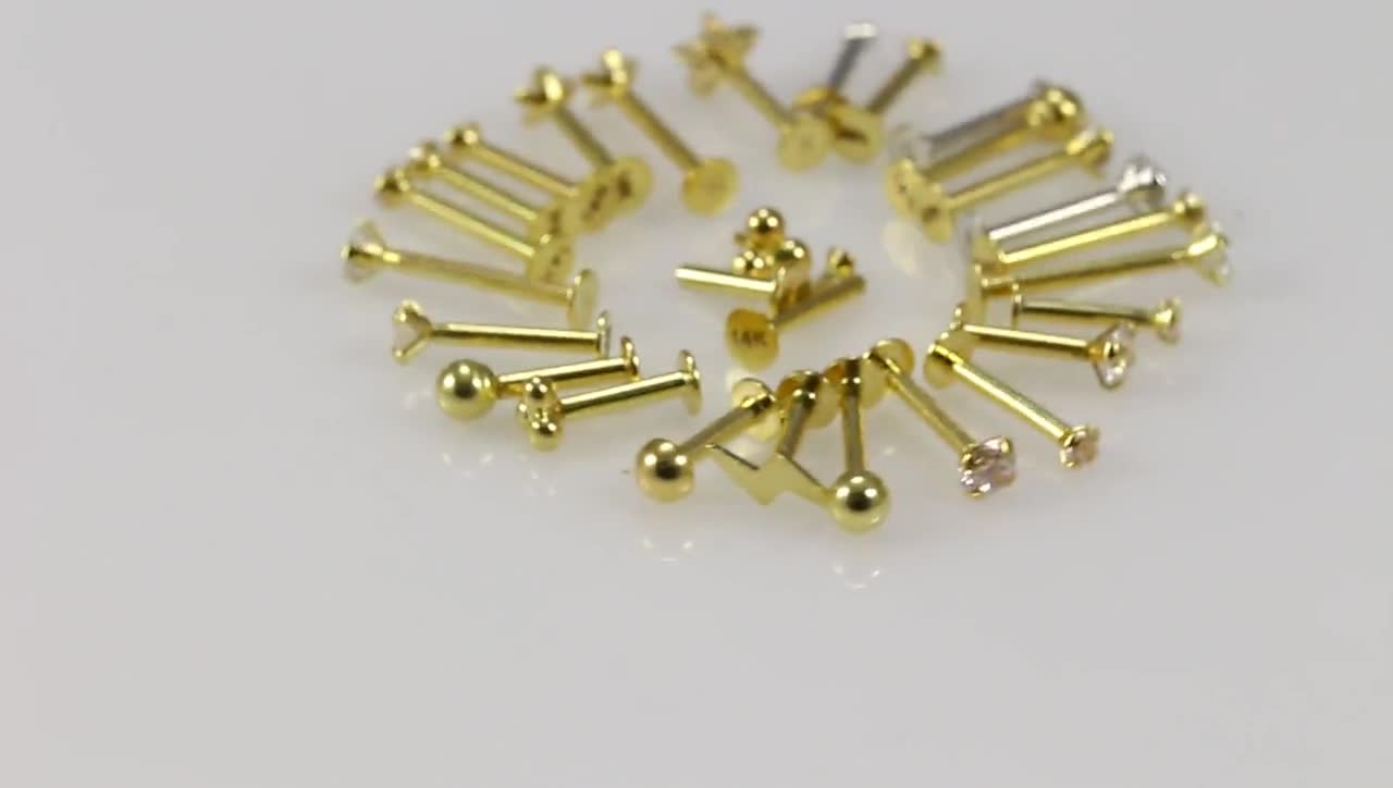 14K Solid Gold Labret -Price for 1 piece - CZ Cartilage Stud-Tragus  Earring-Pish and Screw Fit- 16 Gauge=1.2 mm And 18Gauge = 1.0MM Labret