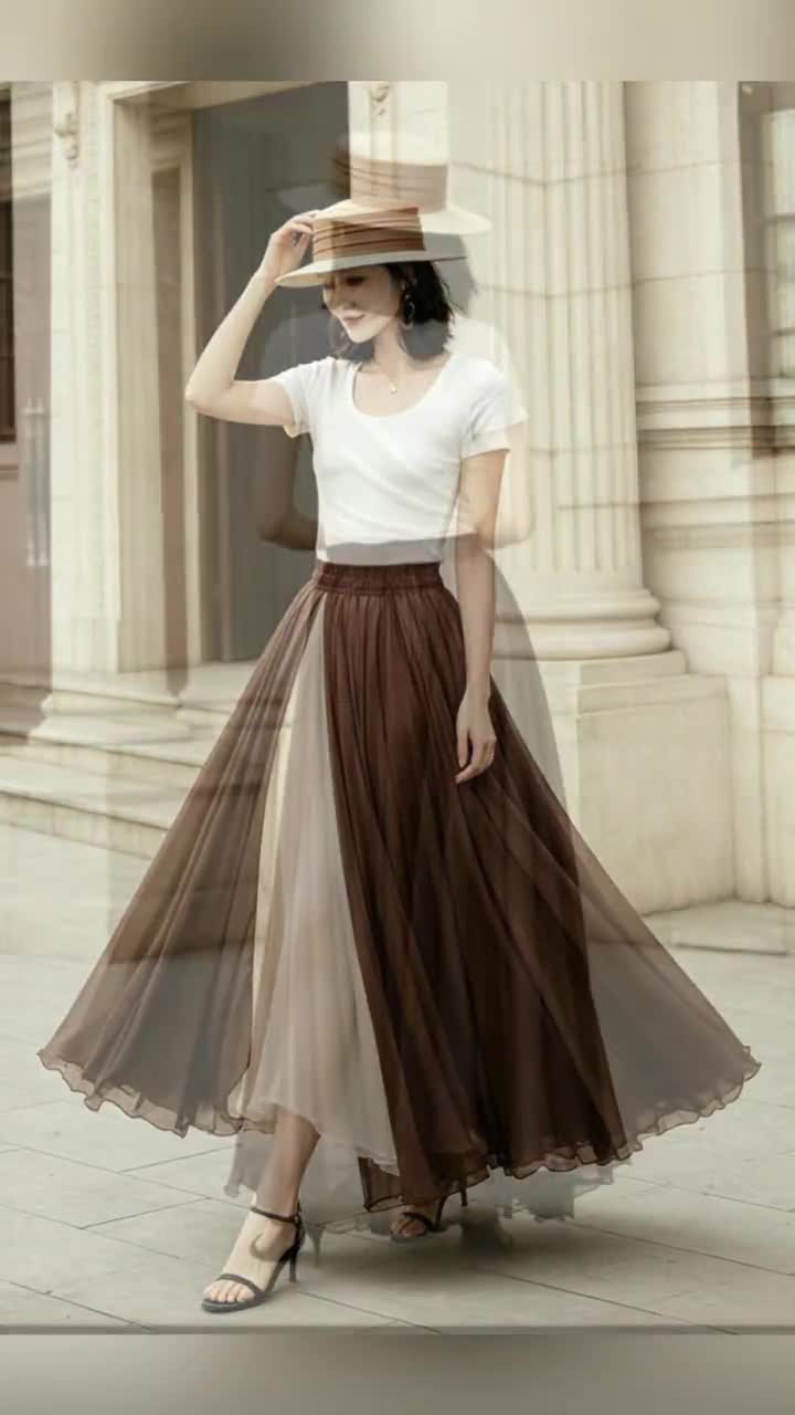 Brown Chiffon Maxi Skirt, Reversible Two Way Full Circle Skirt