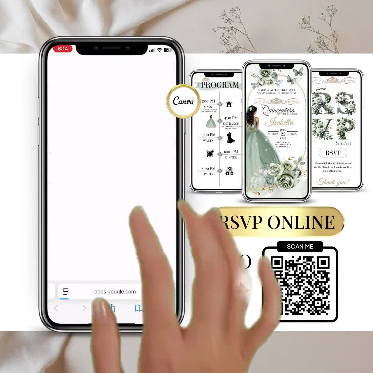 Sage Green Quinceanera Digital Invitation, Editable Template for 15th Birthday, Instant Download Floral Design Sweet 15 Invite RSVP Online video poster