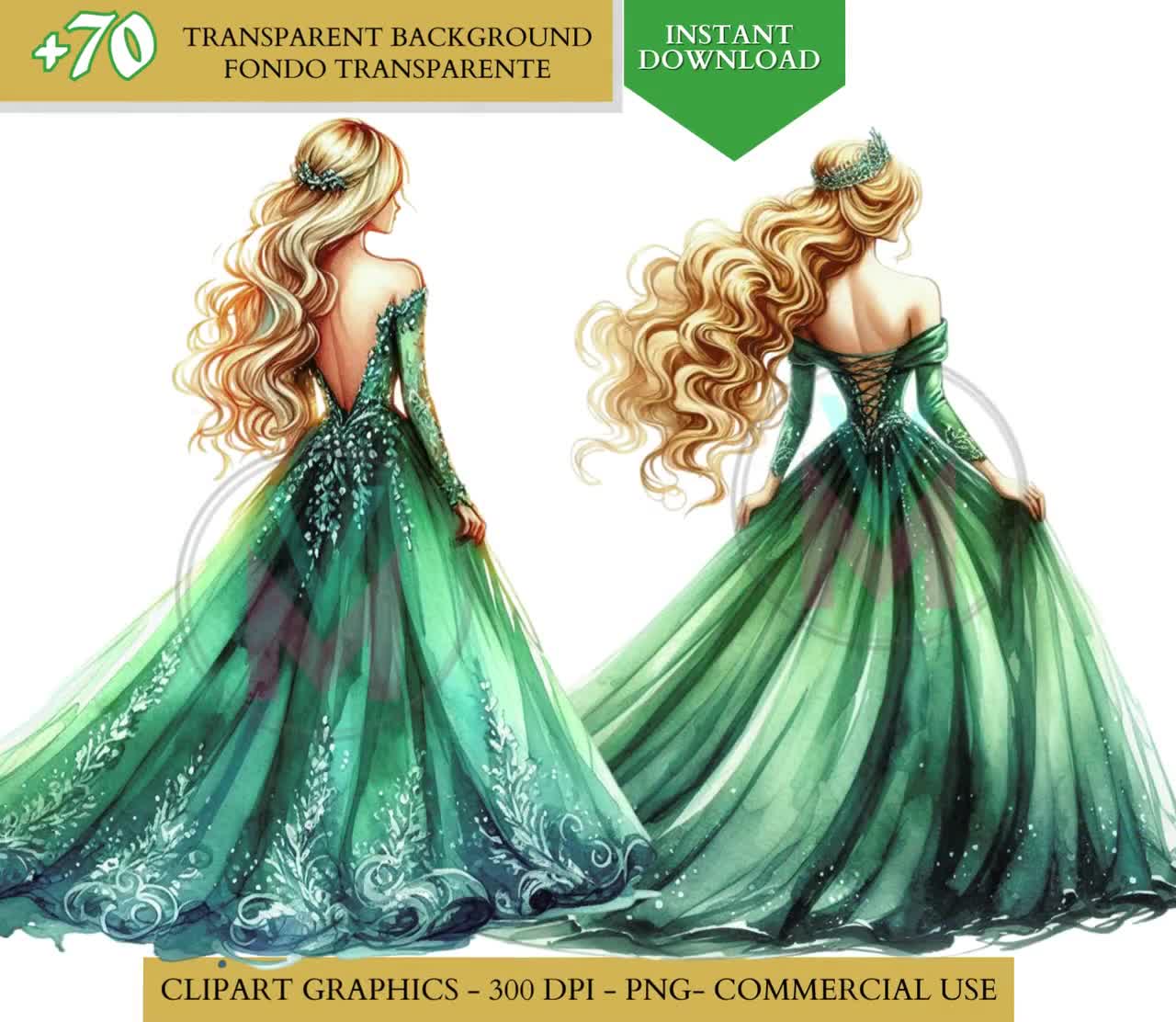 Green Quinceaera png Dress Green Princess Clipart watercolor clip art  Bridesmaid Sweet Sixteen Dress quinceanera png clipart commercial use