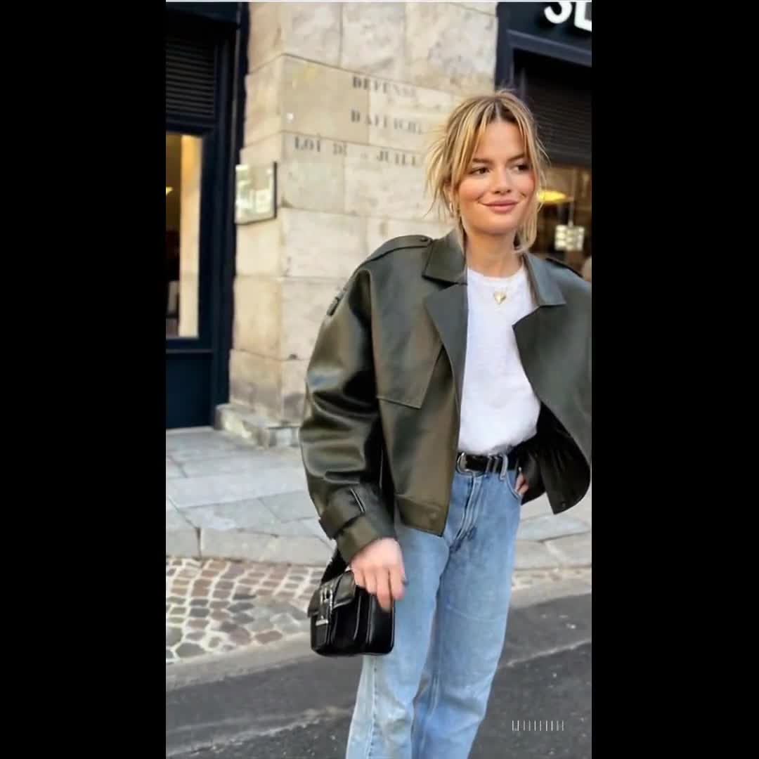 Cropped Oversized Stylish Olive Green Sheep Leather Jacket for