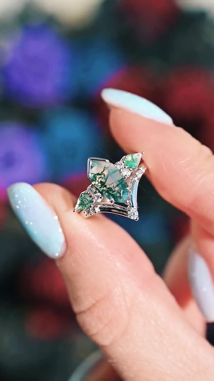 Green Moss Agate Ring Set, Alternative Engagement Ring, Kite