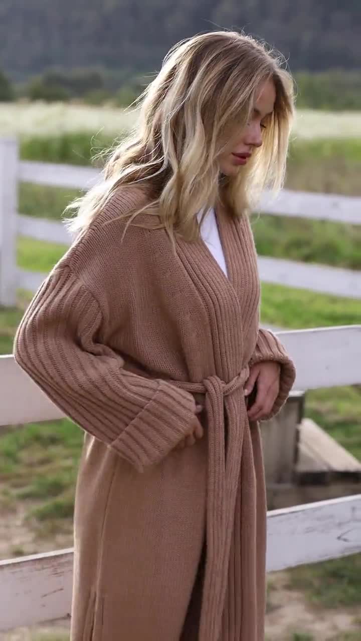 Maxi Knit Cardigan in Camel, Long Belted Cardigan Coat, Soft Wool