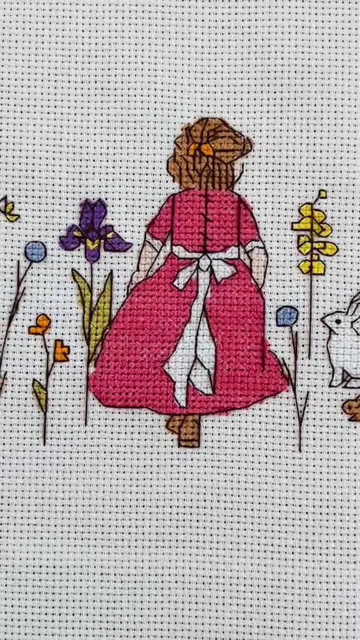 ウサギと女の子のクロスステッチパターン：刺繍デザイン（デジタル