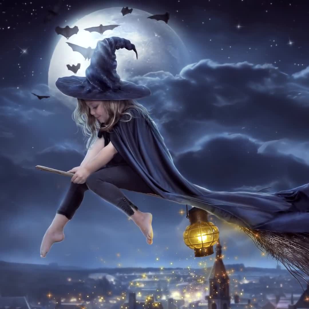 Witch on Broom Digital Backdrop: Halloween Night Moon
