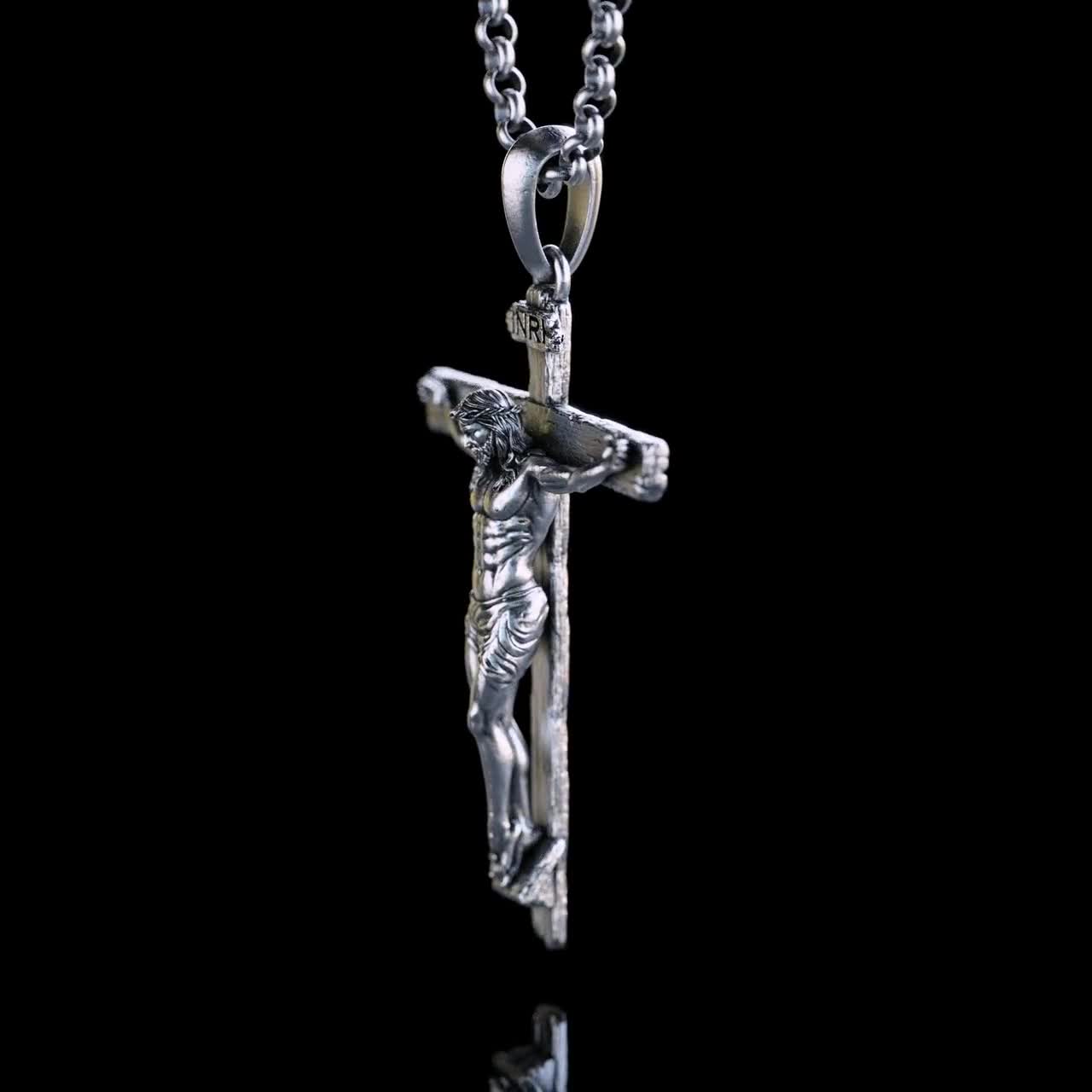 Handmade Silver Jesus Crucifix Necklace,3D Jesus Relief Cross Savior  Pendant,Engraved Jesus Religious Charm,Silver Man Necklace,Gift For Men