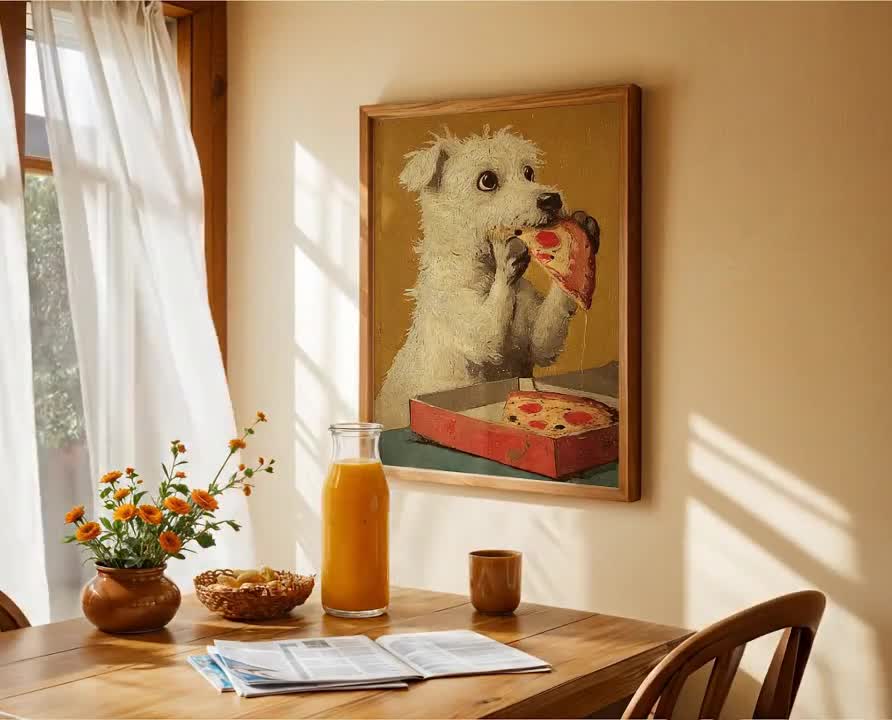 Funny Dog Eating Pizza Art Print | Eclectic Kitchen Wall Decor | Cute Animal Oil Painting | Pizza Lover Foodie Gift | Dopamine Decor Print video poster