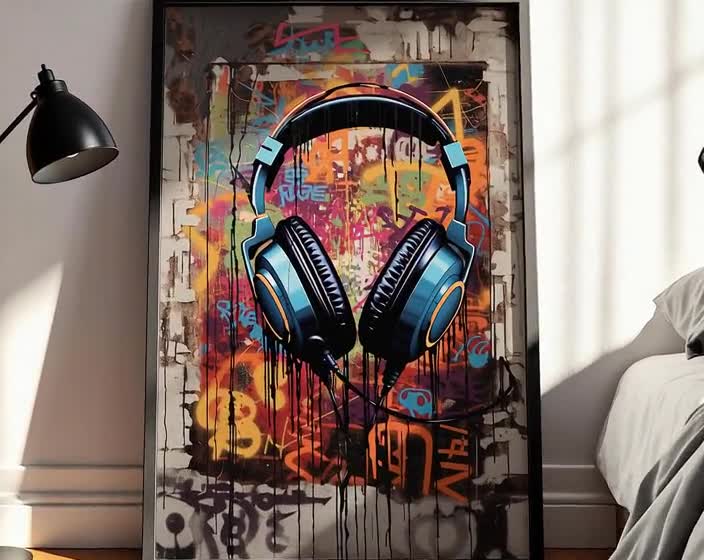 Urban Beats Headphones Art, Retro DJ Graffiti Wall Print, Music