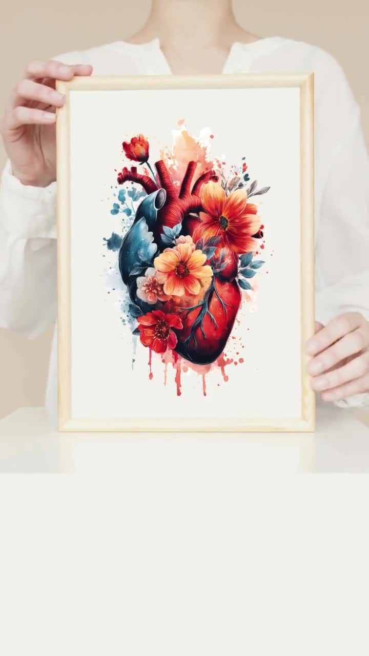 花のハートの水彩画アートプリント、花の解剖学ポスター、心臓専門医へ