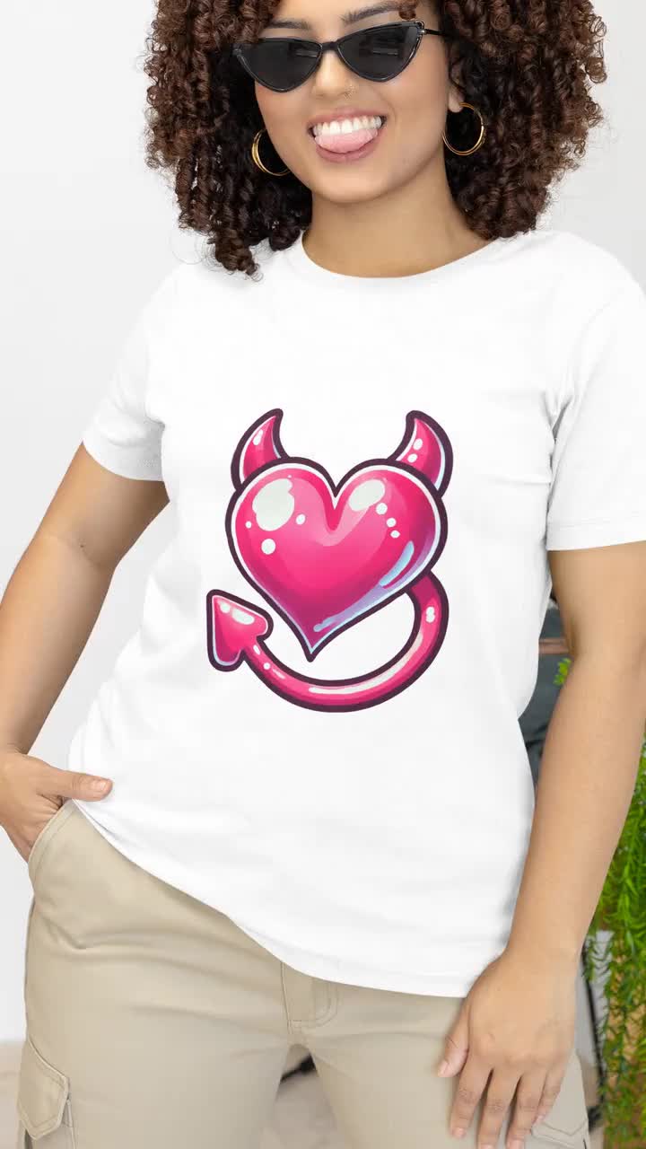 Devil Heart T-shirt - Cute Devil Horns and Tail, Valentine Love