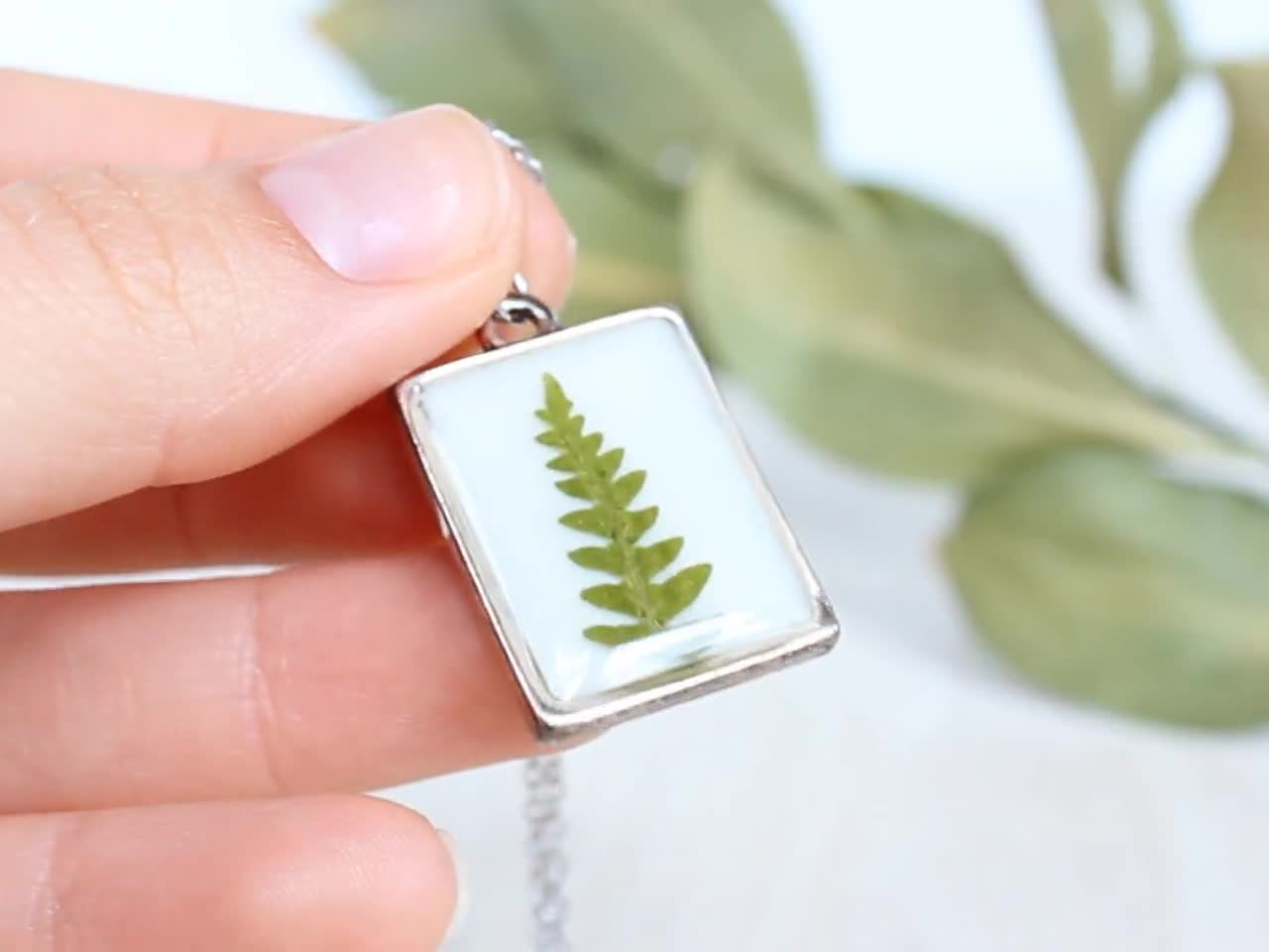 Pressed fern necklace, Double sided necklace, Rectangle necklace