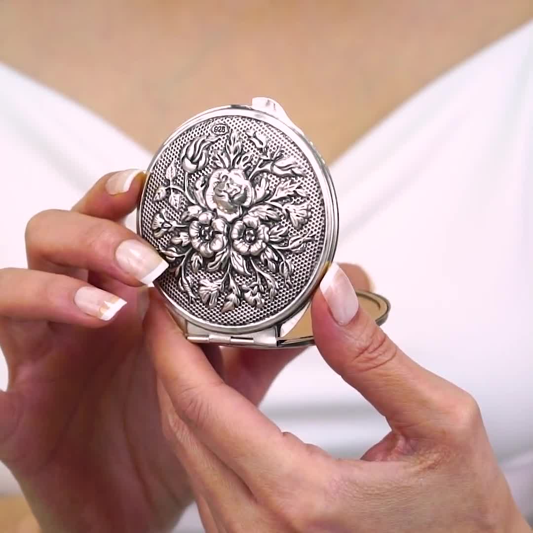 Miran Gift Hand Mirror, Handmade Floral Embossed Silver Miran Gift Hand Mirror, Handmade Floral Embossed Silver