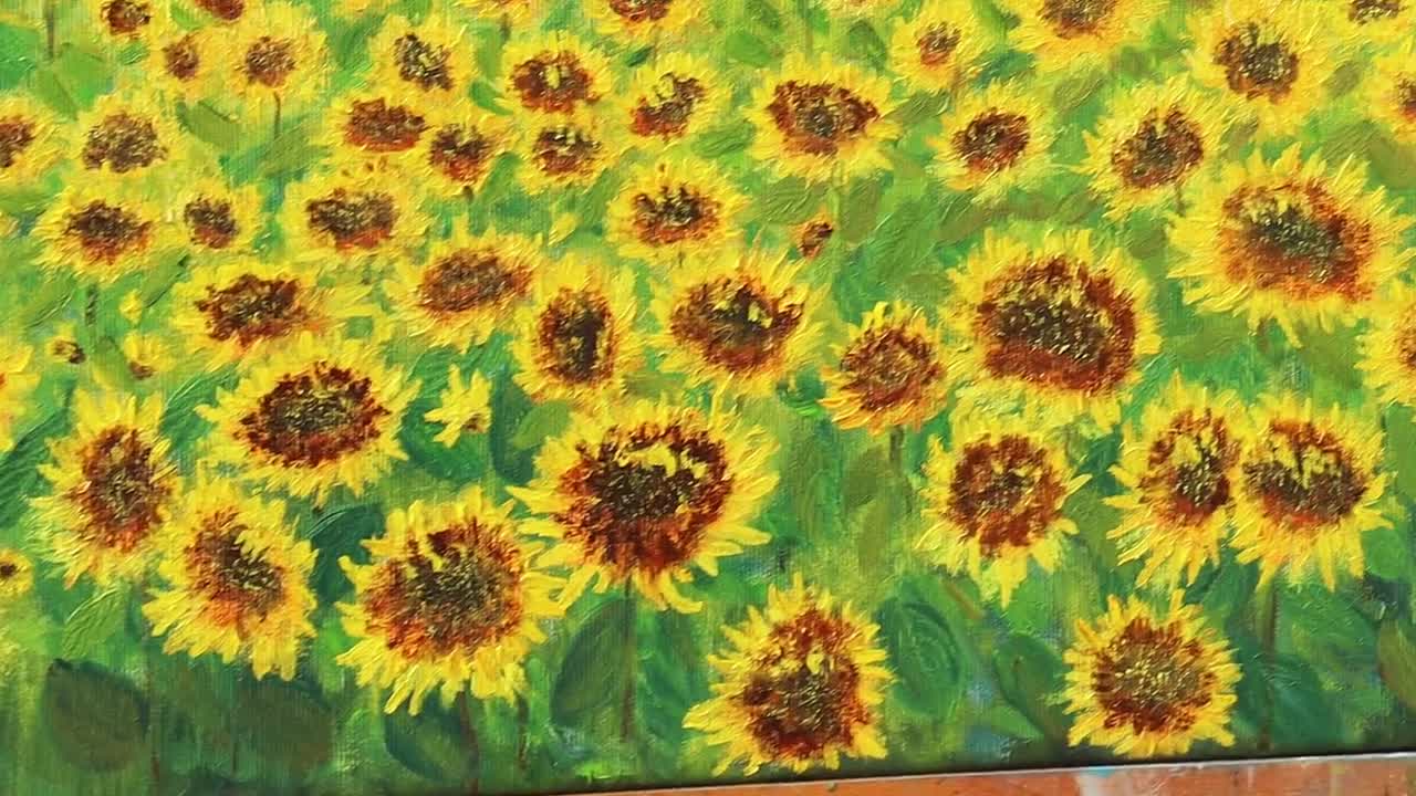 ひまわり畑の油絵オリジナル、日の出の夏の風景、トスカーナの田園地帯