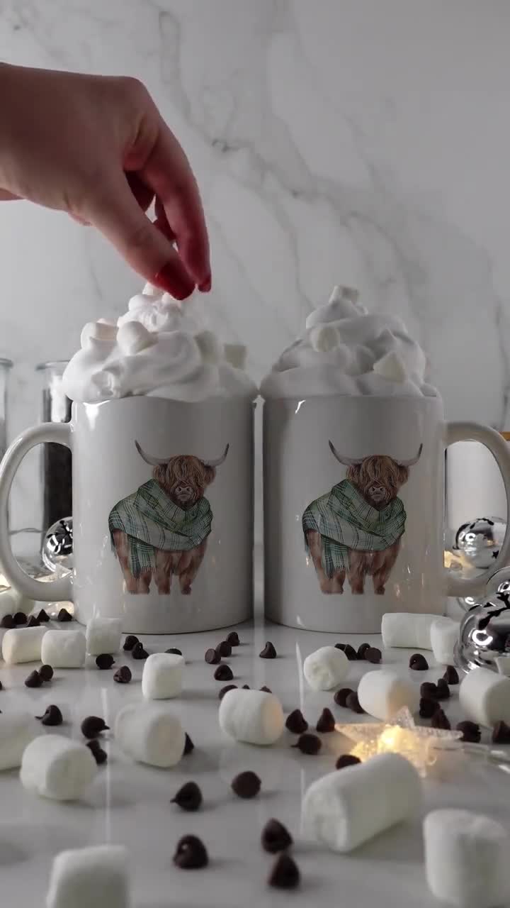 Tazza con mucca delle Highlands, tartan scozzese, tazza da caffè con animali da fattoria - Italia
