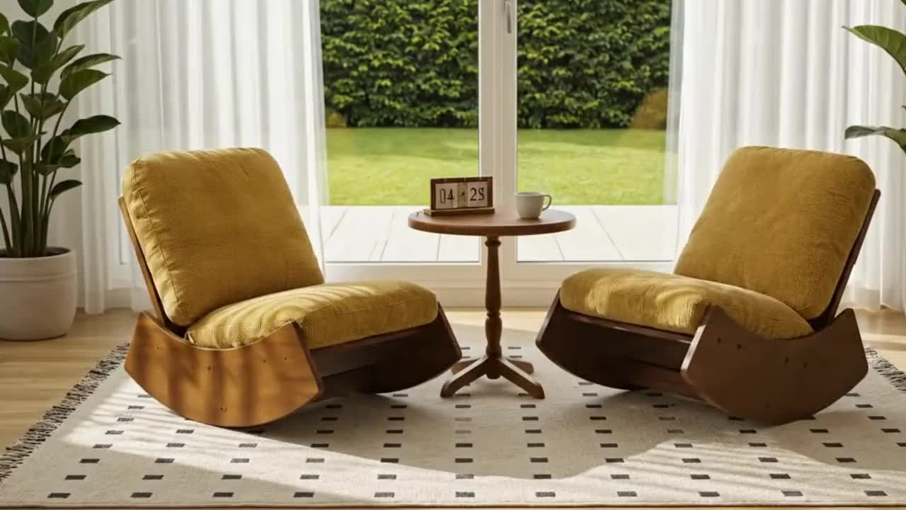 Mecedora moderna de madera tapizada con asiento de madera maciza. video poster