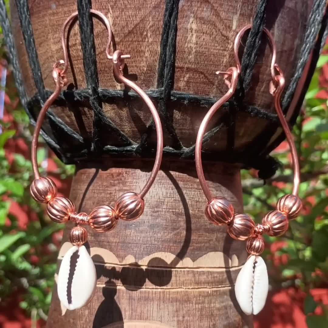 Large Pure Copper Beaded Cowrie Shell Hoop Earrings video poster
