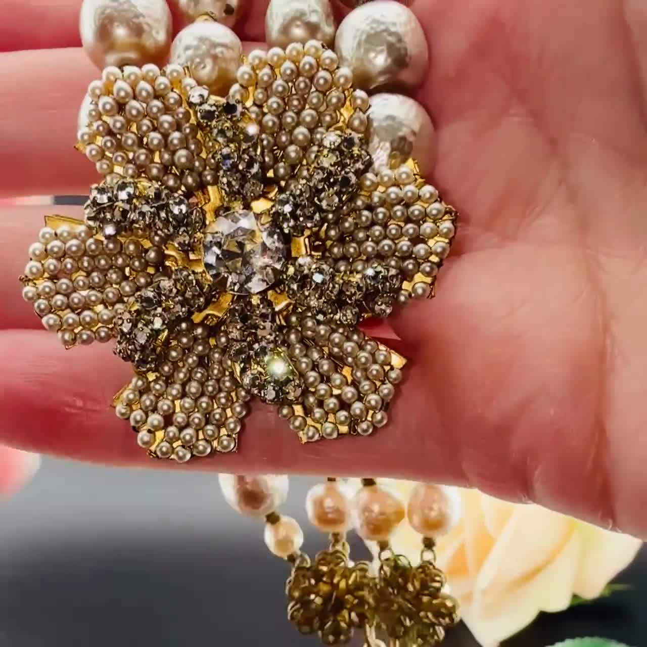Miriam Haskell Pearl Flower Necklace | Vintage Signed Haskell