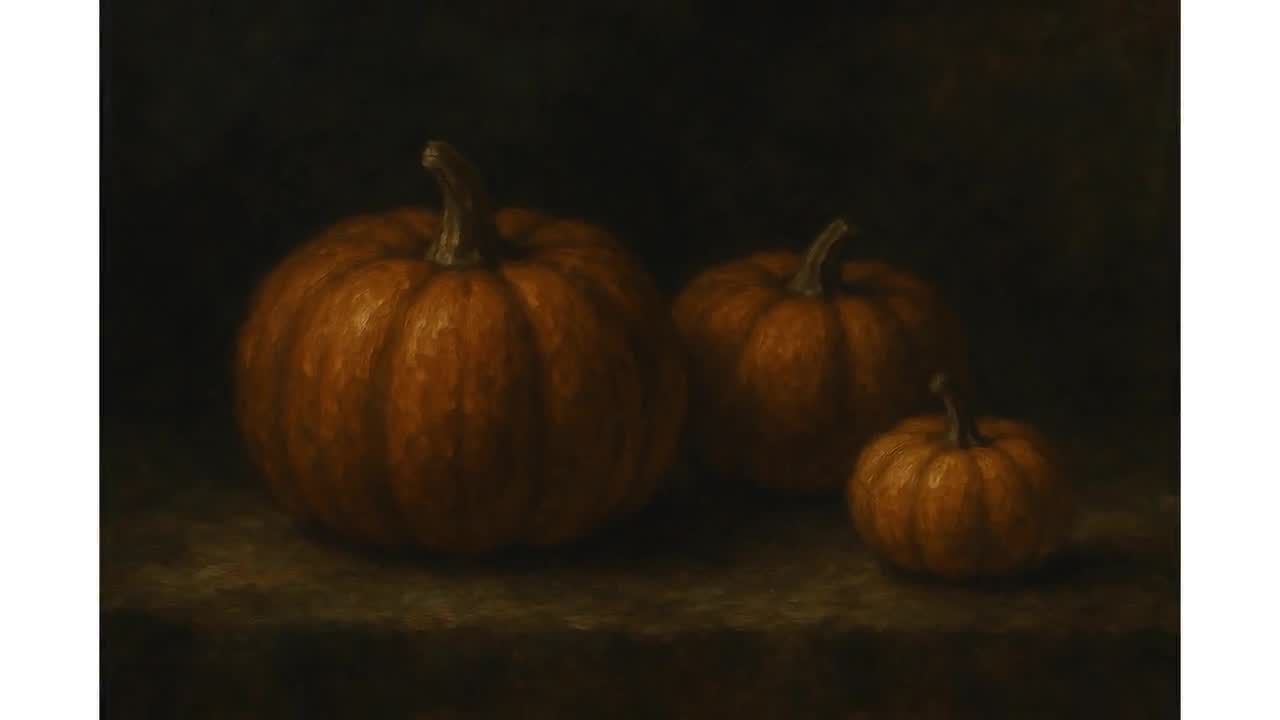 カボチャのオリジナル油絵プリント クラシックな静物画 ムーディな秋の