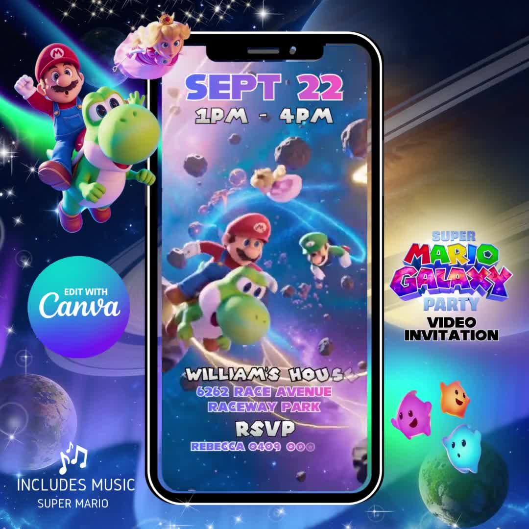 Super Mario Galaxy Birthday Video Invitation Editable Luigi Yoshi Peach Invite video poster
