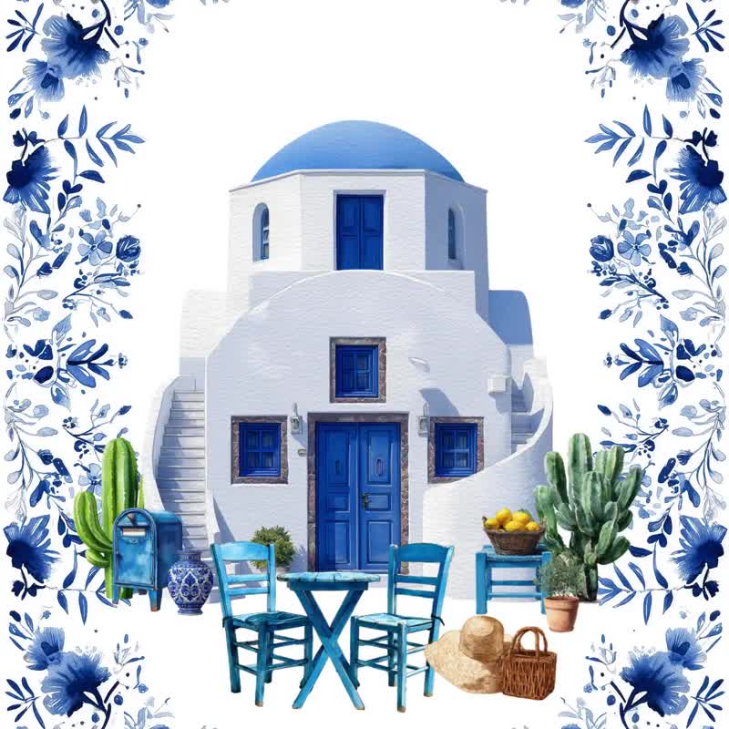Santorini akvarell Clipart: Grekiska öhus, Bougainvillea PNG utskrivbar digital nedladdning kommersiell användning video poster