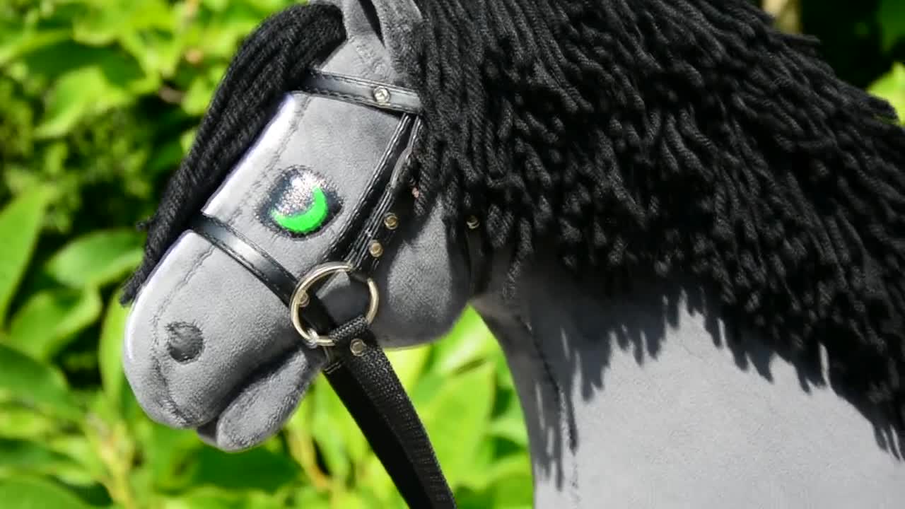 Cavallo da hobby grigio scuro Cavallo da hobby squisitamente realizzato a  mano con bastone e briglia in pelle nera formato A3 -  Italia
