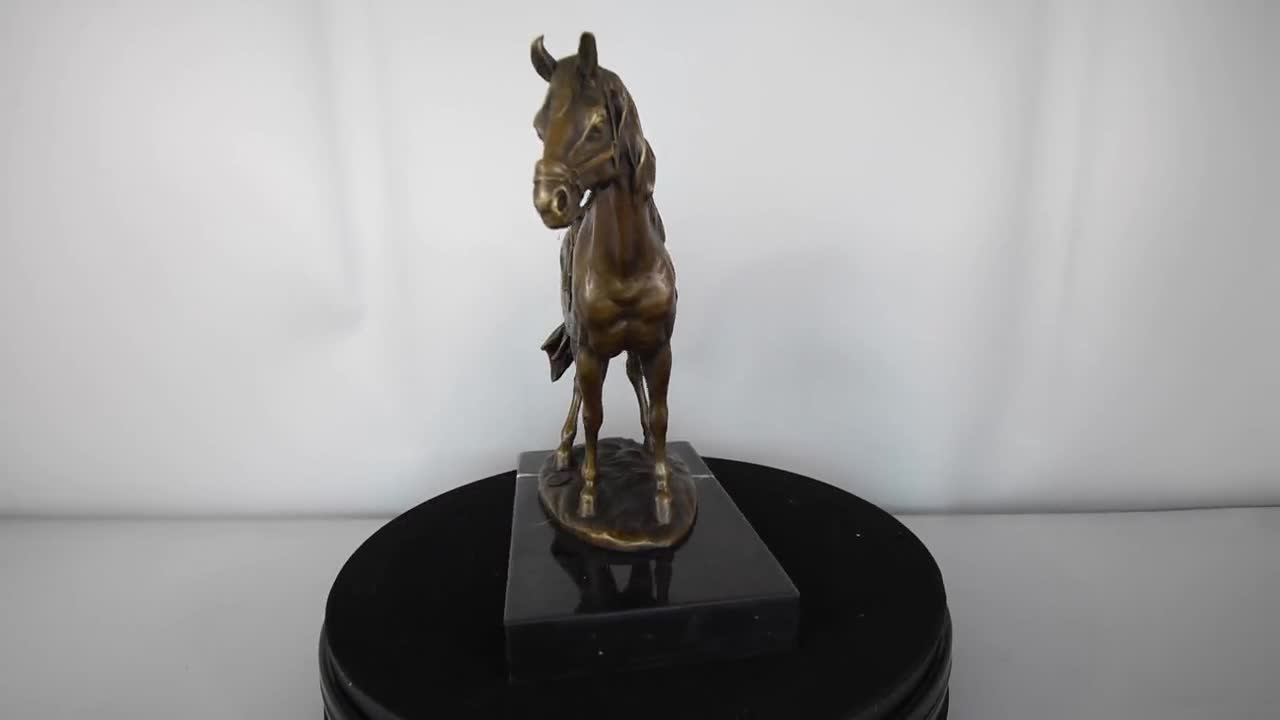 Saddled Steed, Horse Bronze Sculpture on Marble Base, Signed, Gift, Trophy