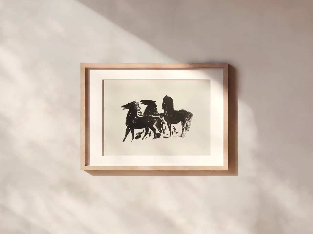 ヴィンテージ馬アート | 黒と白の馬の抽象画 | 西洋アート | 素朴な