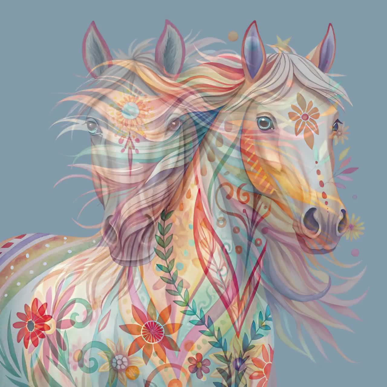 馬の肖像画セット、水彩画ボヘミアン風馬15頭、馬の昇華転写、グルー