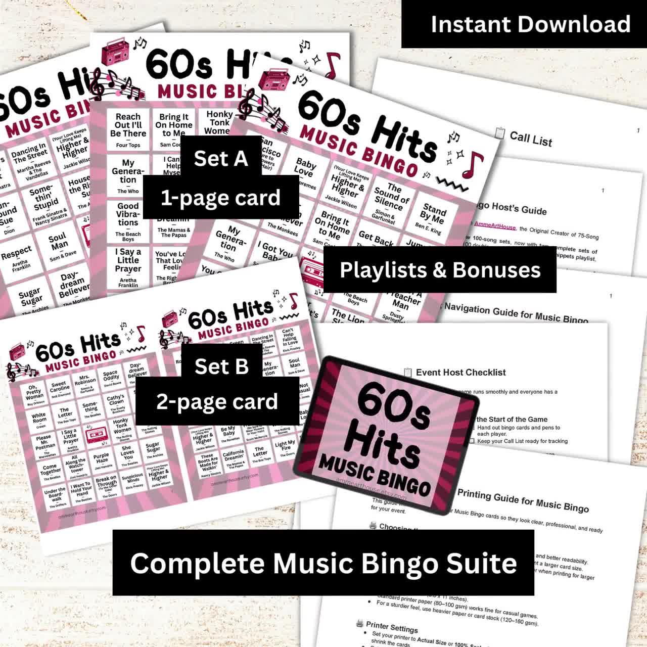 60s Hits Music Bingo, 200 Cards, 100 Songs Playlists Included, Printable PDF Game, Instant Download video poster