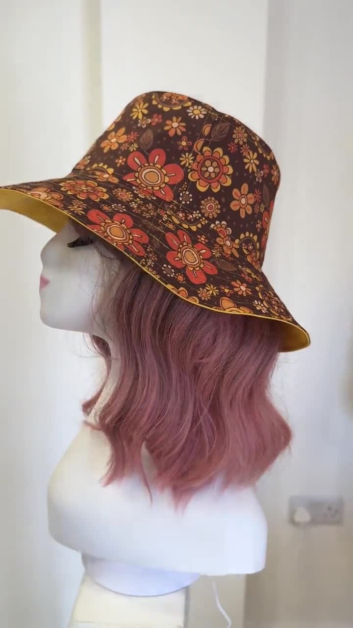 帽子 70'S Vintage Love&Flower pattern hat Retro Sun Hat, Wide Brim Hat, 70's Floral, Hat, 60s Fabric
