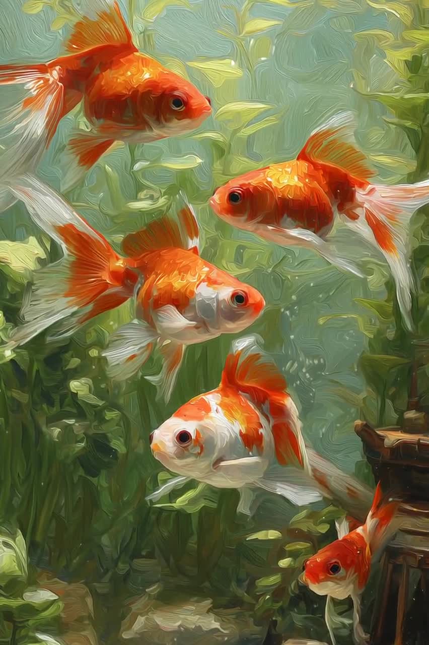 Vintage Goldfish in Aquarium Painting: Calming Wall Decor (digital