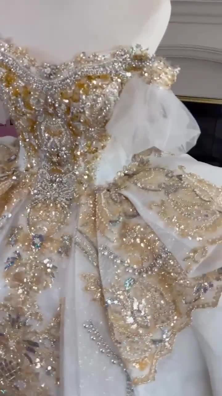 Luxury Gold Embroidered Quinceanera Ball Gown, Off-Shoulder Sleeves