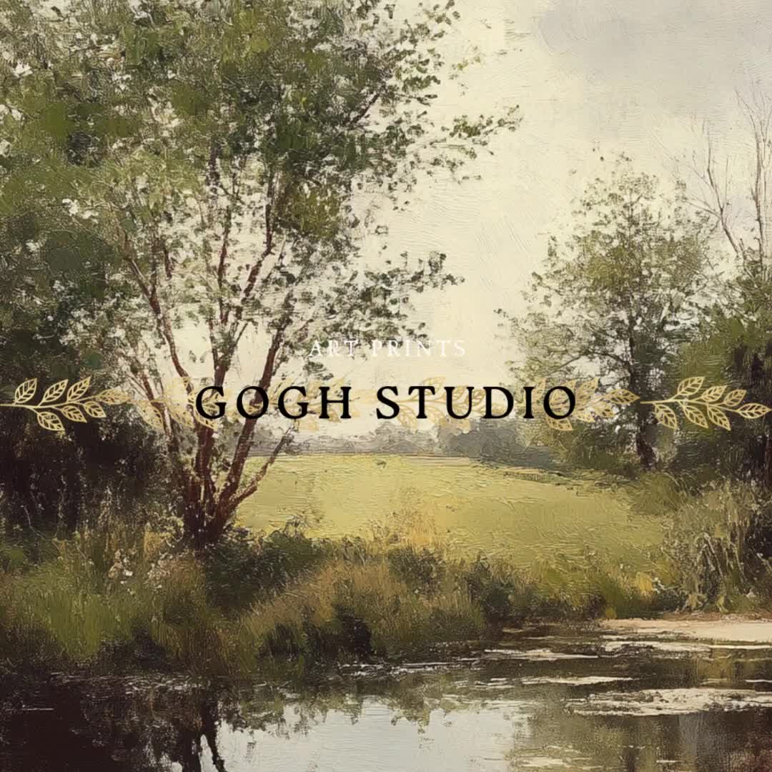 ヴィンテージ川風景油絵、コテージコア自然アート（デジタルプリント
