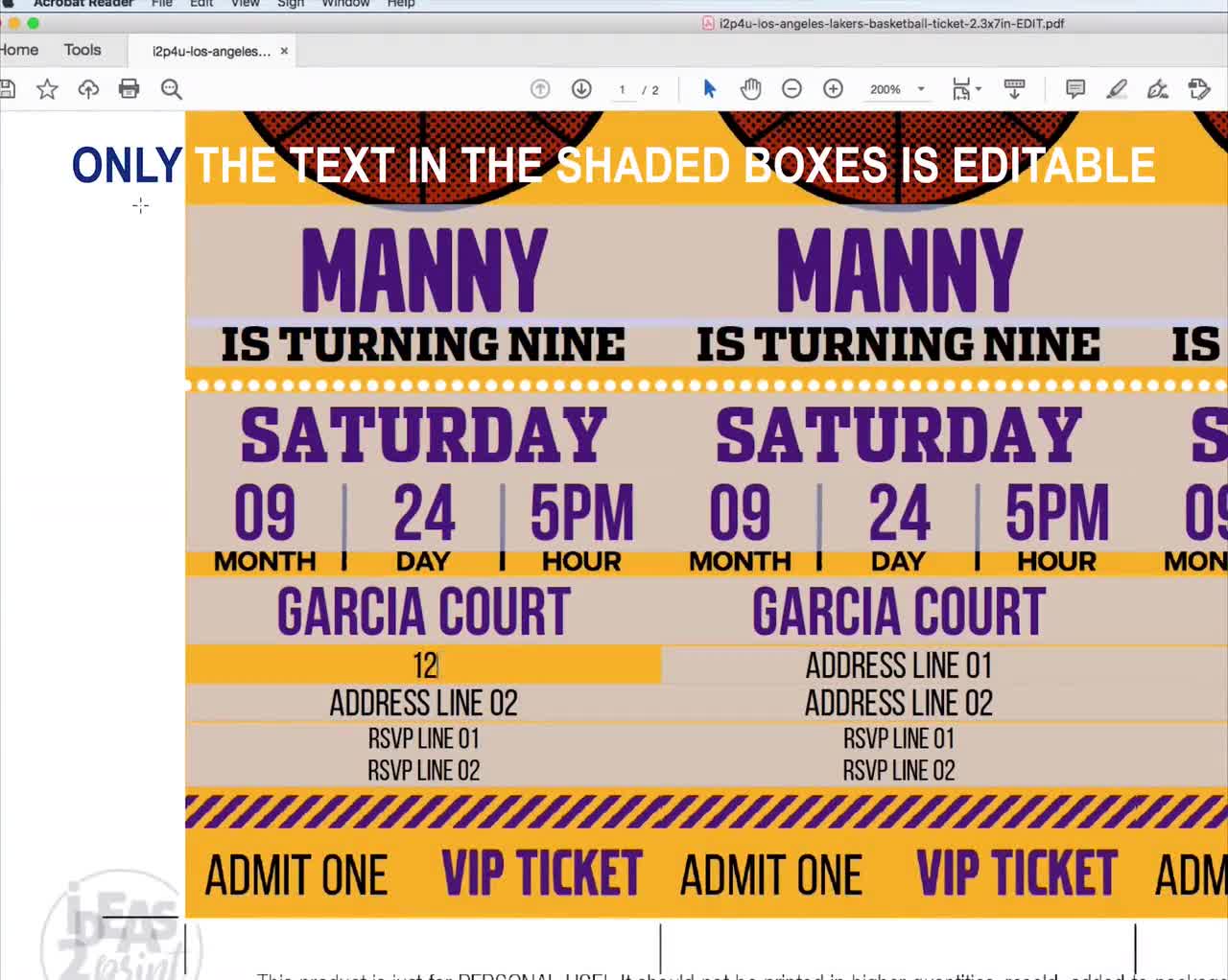 LA Lakers Basketball Printable Ticket Invitation Design - Digital