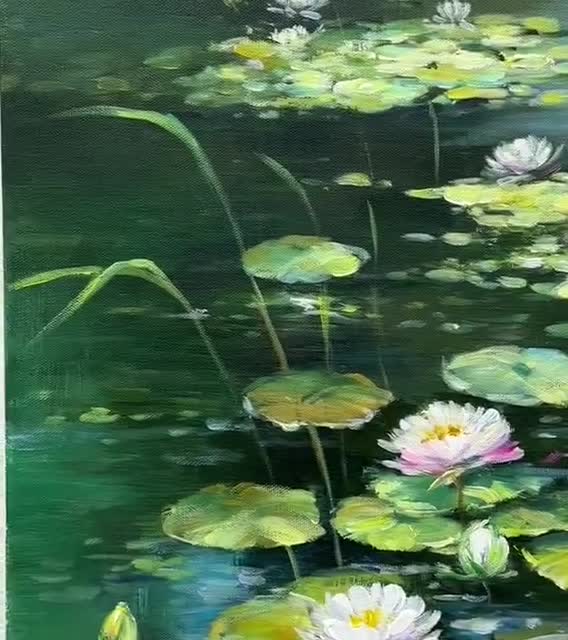 モネにインスパイアされた睡蓮の池の油絵、大きな抽象風景キャンバス