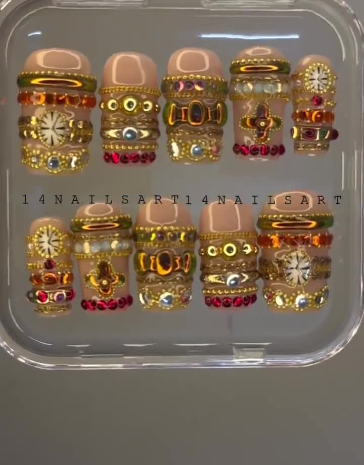 Orange Red Gem Press On Nails | Gold Bling Statement Nails video poster