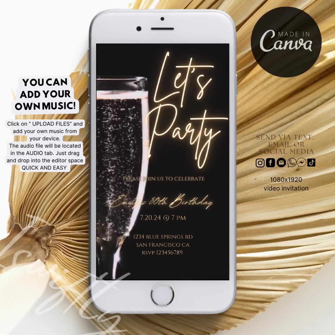 Champagne birthday party invitation digital evite for phone WhatsApp text  invitation adult birthday any age 20th 30th 40th 50th adult events