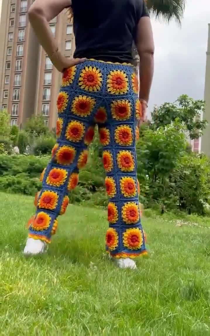 Knit Sunflower Pants, High Waisted Pants, Wide Leg Trousers