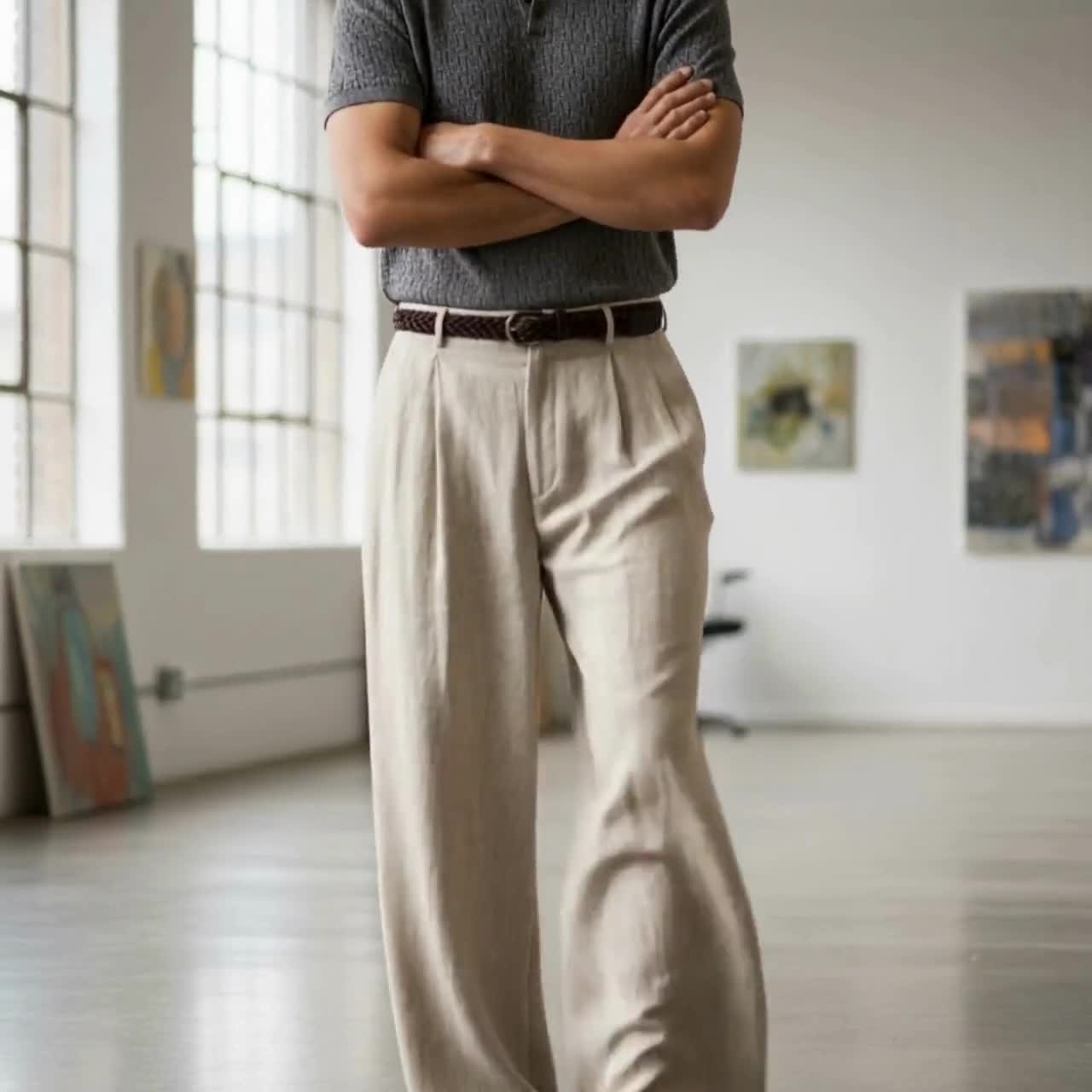 Men's Wide Leg Pleated Linen Blend Pants - Relaxed Fit Trousers, Summer Lightweight Vintage Style, Casual Korean Fashion Pants Men's Wide Leg Pleated Linen Blend Pants - Relaxed Fit Trousers, Summer Lightweight Vintage Style, Casual Korean Fashion Pants