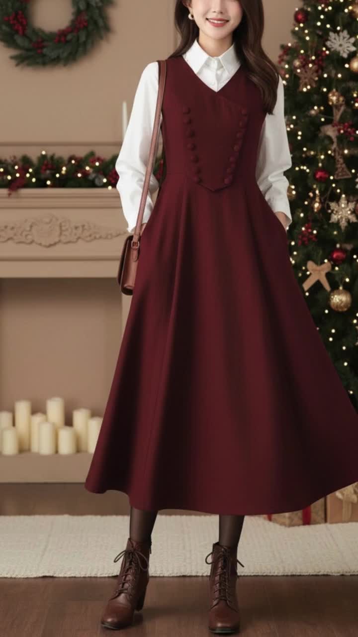 Handmade Wool Blend Pinafore Dress - Sleeveless A-line Midi