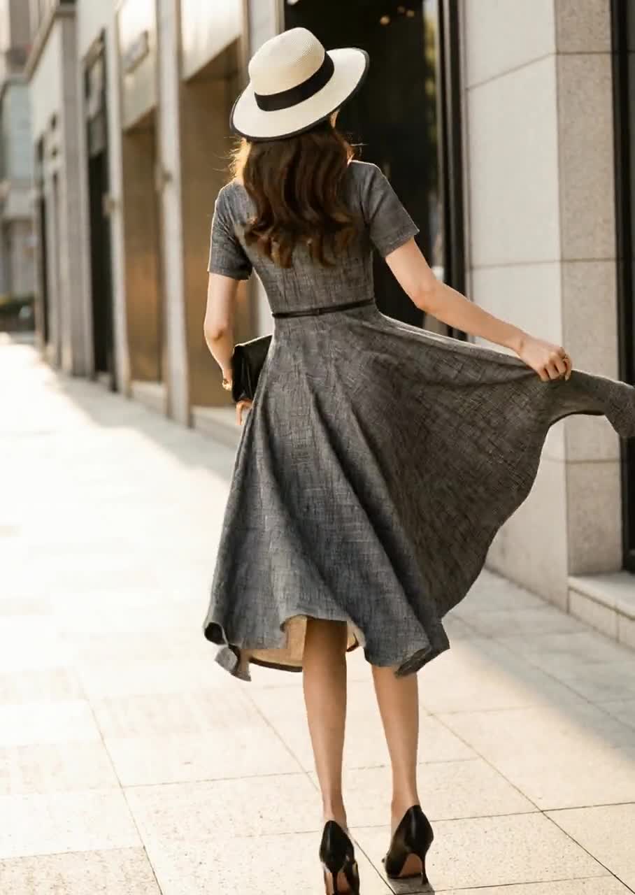 Semi-formal Gray Linen midi dress, Spring Linen swing dress with pockets,  Fit and flare dress, Womens Custom work dress, Xiaolizi 4914