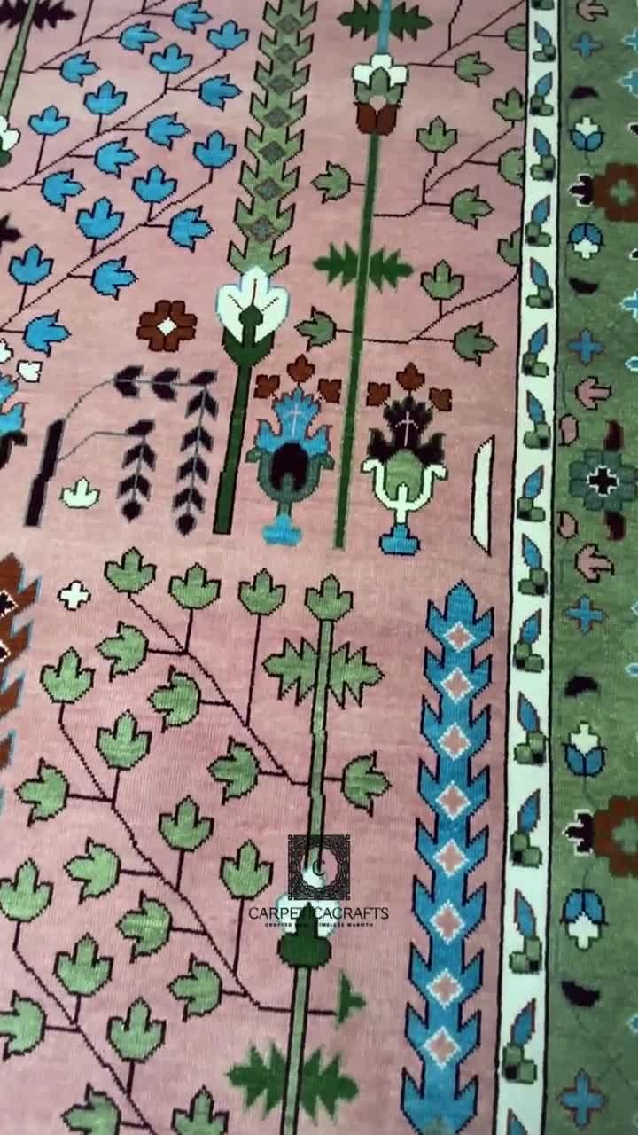 Handgeknüpfter Wolle Oushak 8x10 Teppich, Rosa Salbei Grüner Blumen Orientteppich video poster