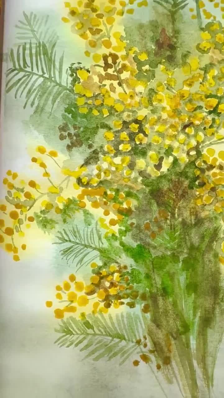 ミモザ オリジナル絵画 黄色い花柄 ボタニカル水彩画 8x6インチ 額装