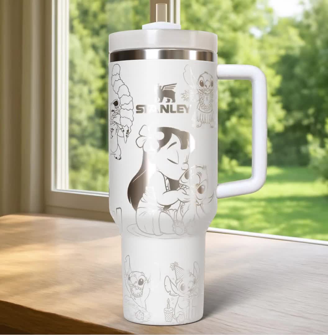 40oz Little Blue Alien And Lilo And Angel Laser Engraved Tumbler, Cute Blue Alien 40oz Tumbler Dupe, Stitch Tumbler, Engraved Tumble video poster