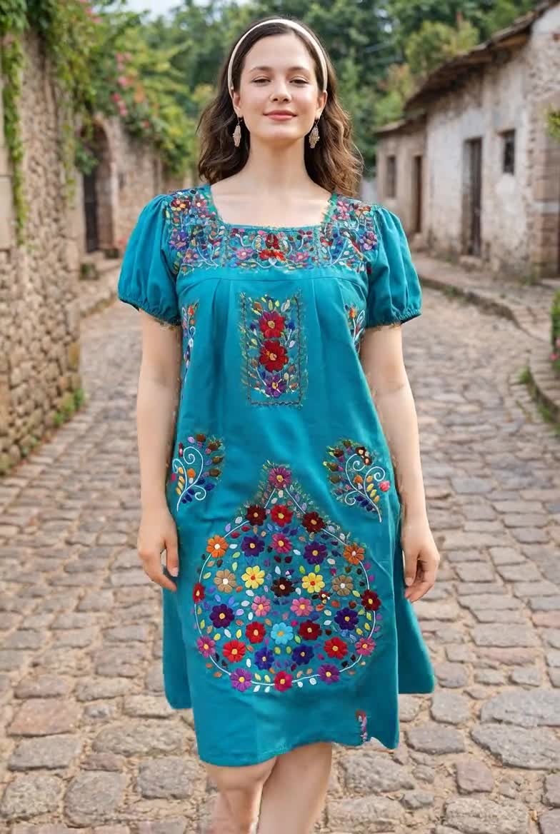 Hand Embroidered Mexican Dress: Floral Hupil Cotton Ethnic Dress Hand Embroidered Mexican Dress: Floral Hupil Cotton Ethnic Dress