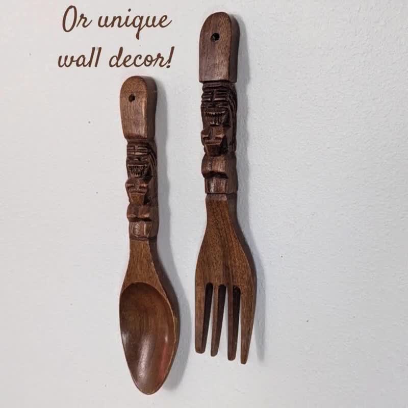 Vintage Monkey Pod Wood Tiki Salad Serving Set Hand Carved Fork and Spoon Wall Art video poster