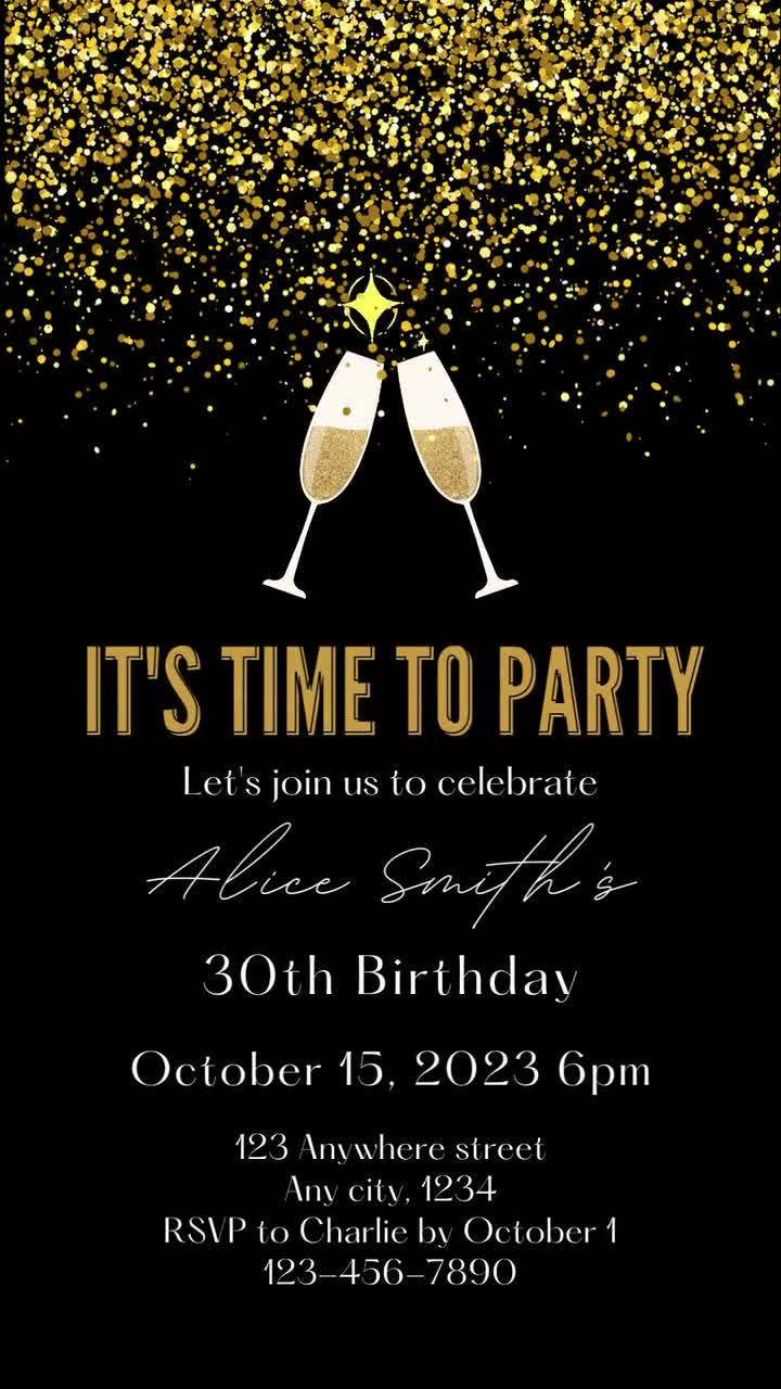 It s Time To Party digital editable party invitation template Classy Birthday invitation Animated Sparkling Champagne Instant download