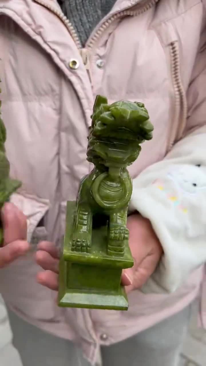 Natural Jade Qilin Figurines Male Female Pair Natural Feng Shui