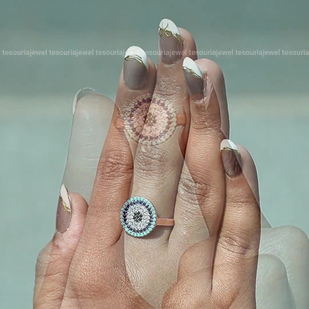 Minimal Evil Eye Moissanite Diamond Ring, 14K Rose Gold Protection Ring, Good Luck Symbol Diamond Ring, Geometric Third Eye Statement Ring video poster