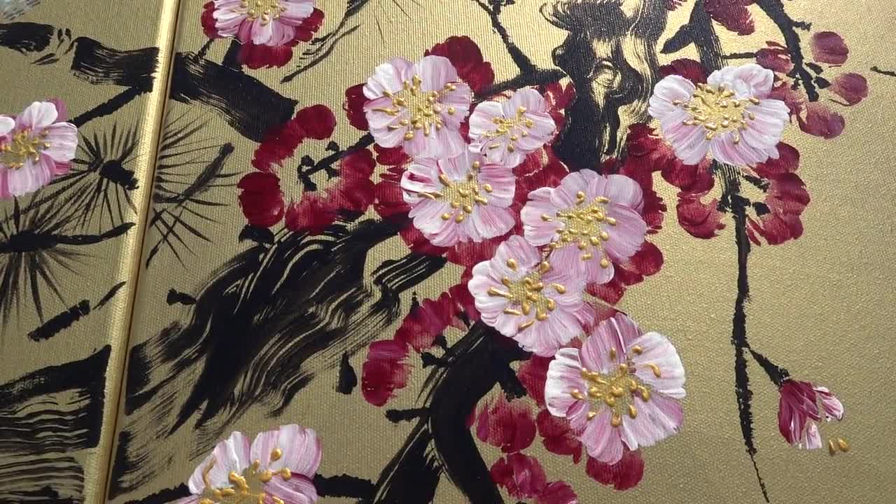 アクリル画（山桜） Japan Art Cherry Blossom and Love Birds Japanese Style